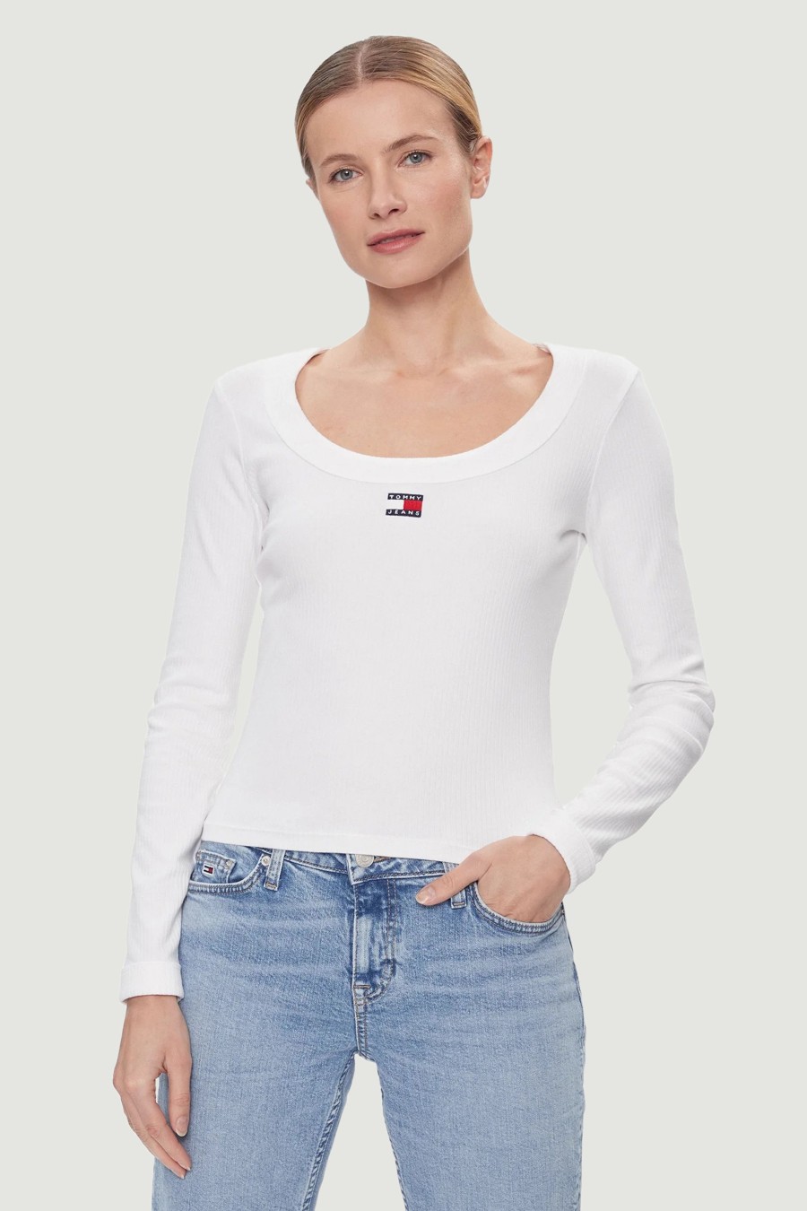 Donna Tommy Hilfiger | T-Shirt Manica Lunga Tommy Hilfiger Slim Badge Rib Bianco