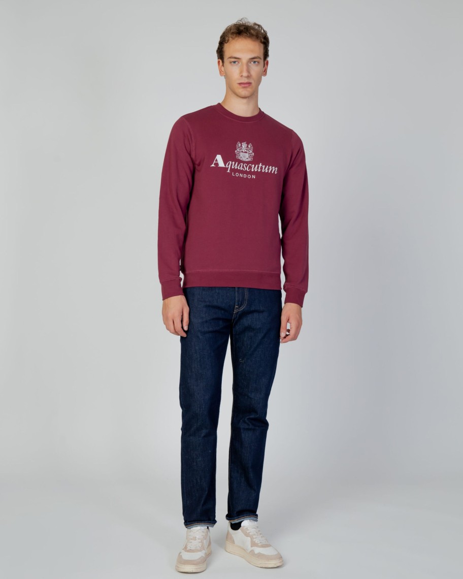 Uomo Aquascutum | Felpa Senza Cappuccio Aquascutum Active Big Logo Crew Neck Fleece Bordeaux