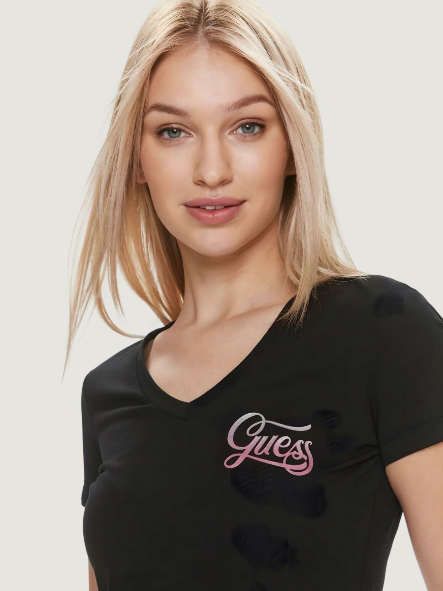 Donna Guess | T-Shirt Guess Ss Vn Shaded Glitter Nero