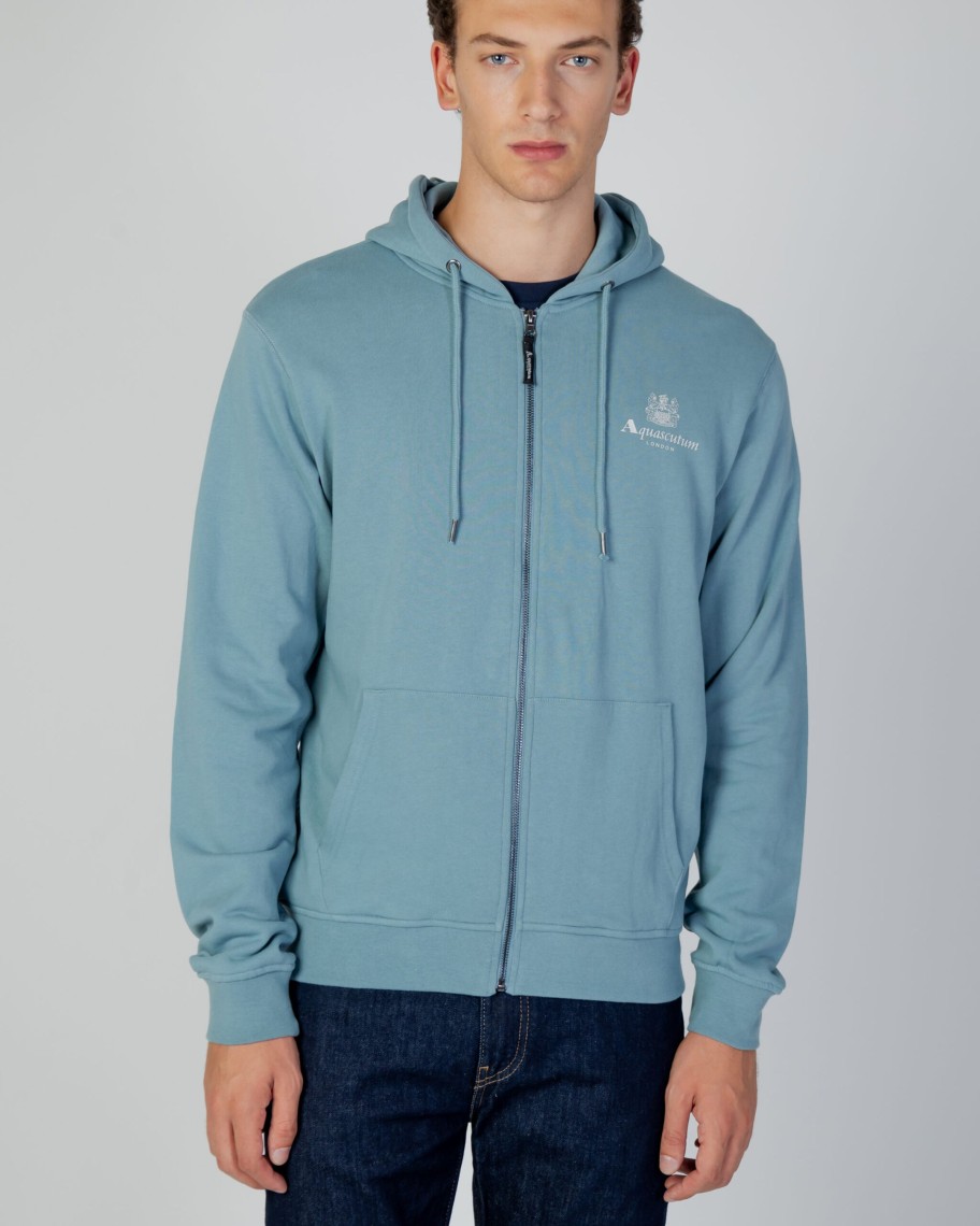 Uomo Aquascutum | Felpa Con Cappuccio Aquascutum Active Small Logo Full Zip Hoodie Fleece Celeste