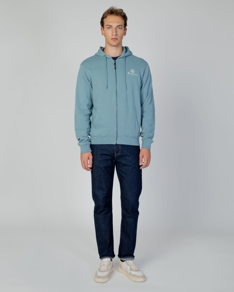 Uomo Aquascutum | Felpa Con Cappuccio Aquascutum Active Small Logo Full Zip Hoodie Fleece Celeste