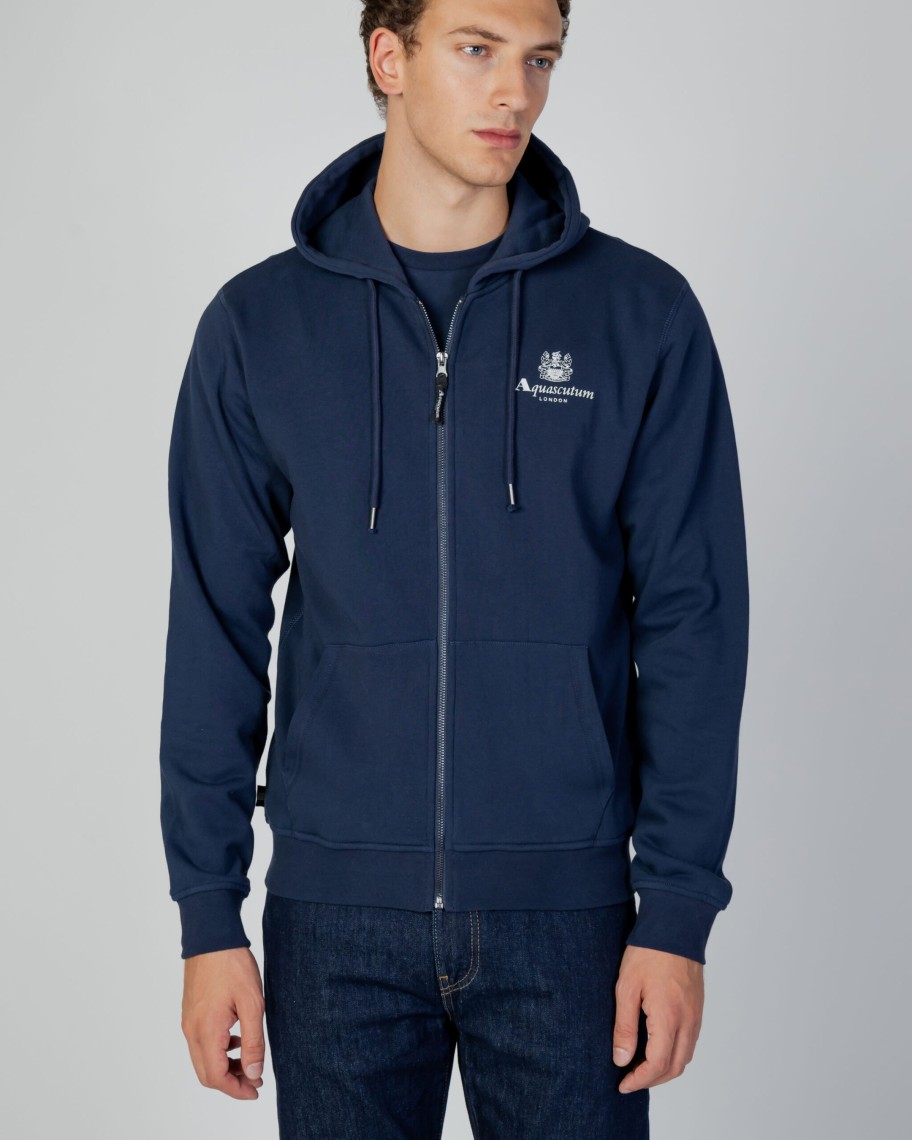 Uomo Aquascutum | Felpa Con Cappuccio Aquascutum Active Small Logo Full Zip Hoodie Fleece Blu