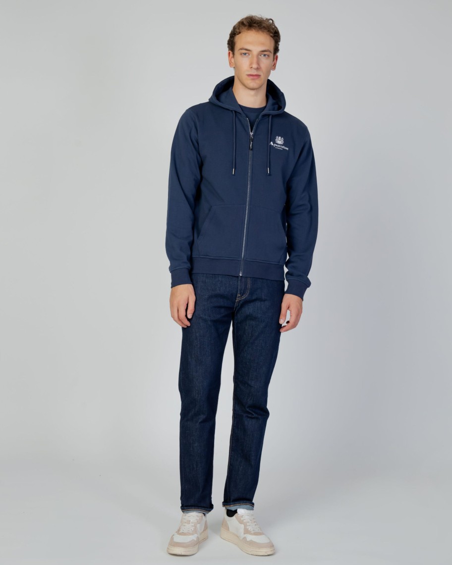 Uomo Aquascutum | Felpa Con Cappuccio Aquascutum Active Small Logo Full Zip Hoodie Fleece Blu