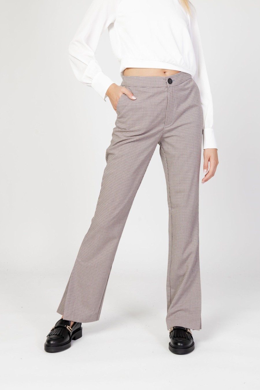 Donna Only | Pantaloni A Sigaretta Only Onljoss Hw Flared Slit Check Pant Tlr Rp Beige