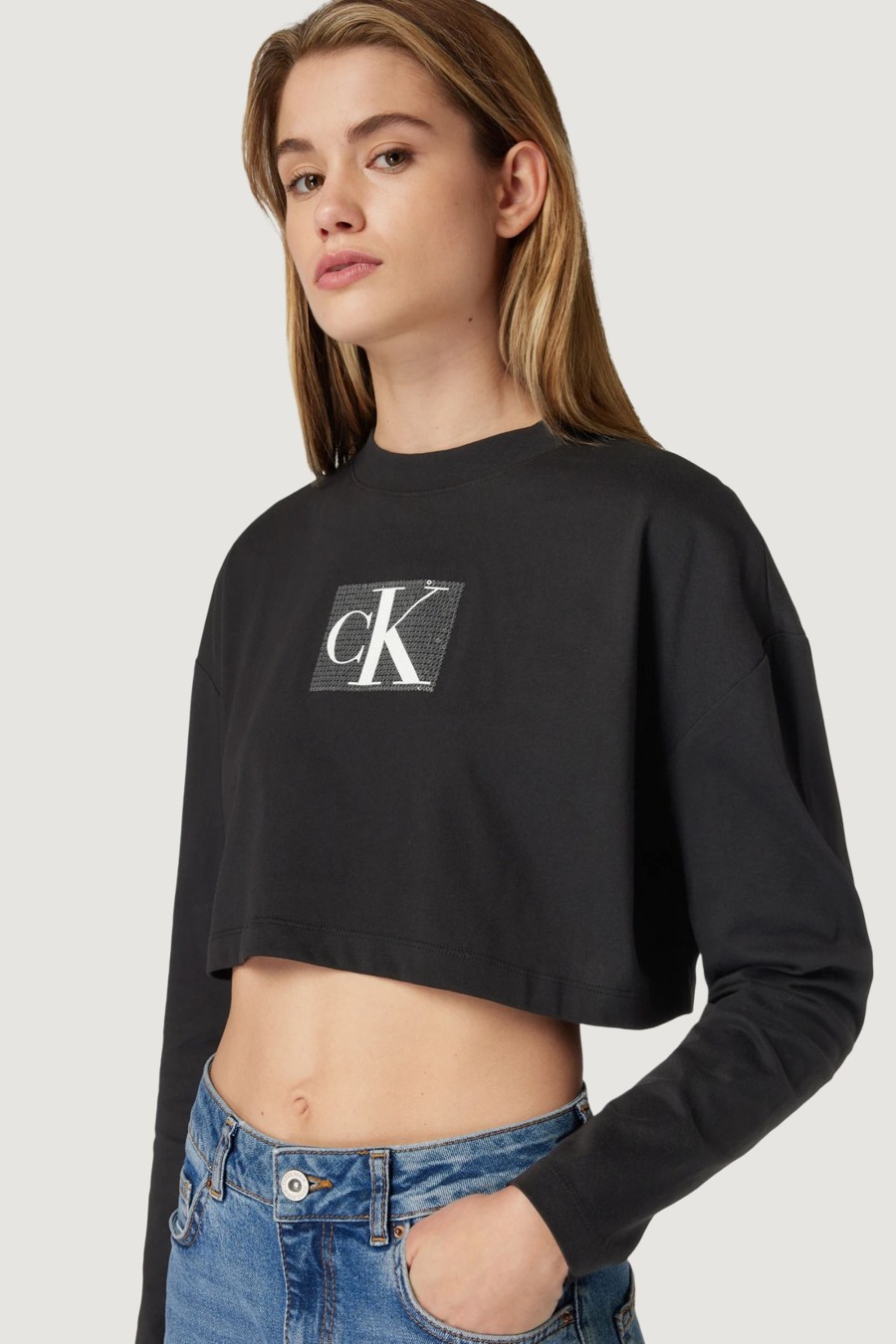 Donna Calvin Klein | T-Shirt Manica Lunga Calvin Klein Sequin Long Sleeve Nero