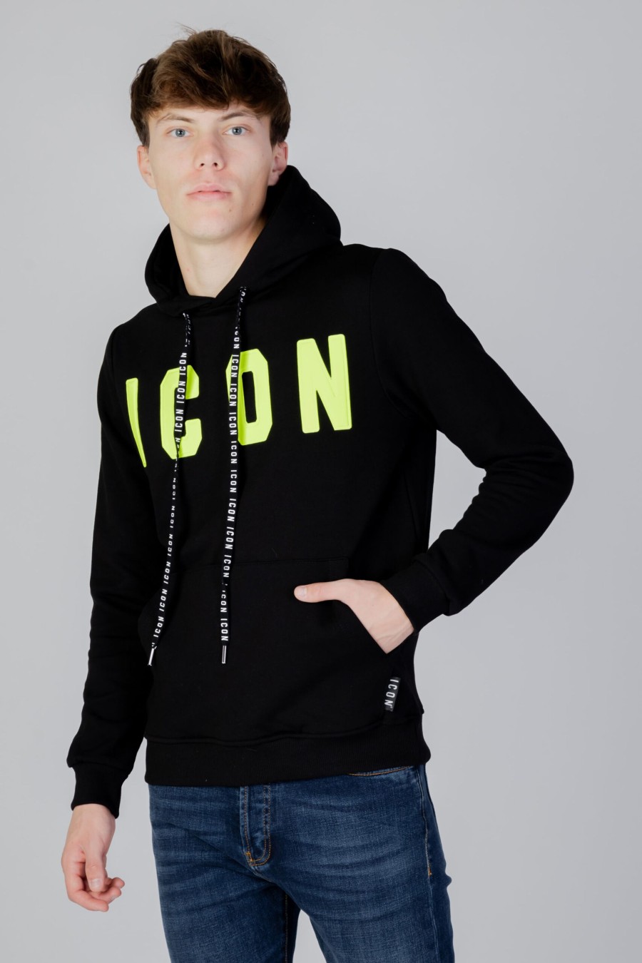 Uomo Icon | Felpa Con Cappuccio Icon Logo Fluo Nero