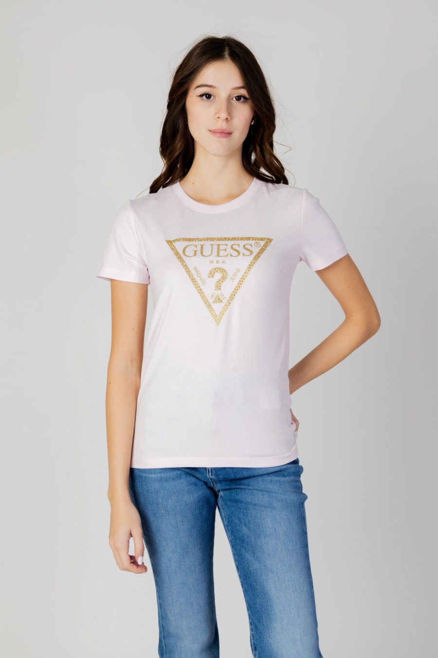 Donna Guess | T-Shirt Guess Ss Cn Gold Triangle Rosa