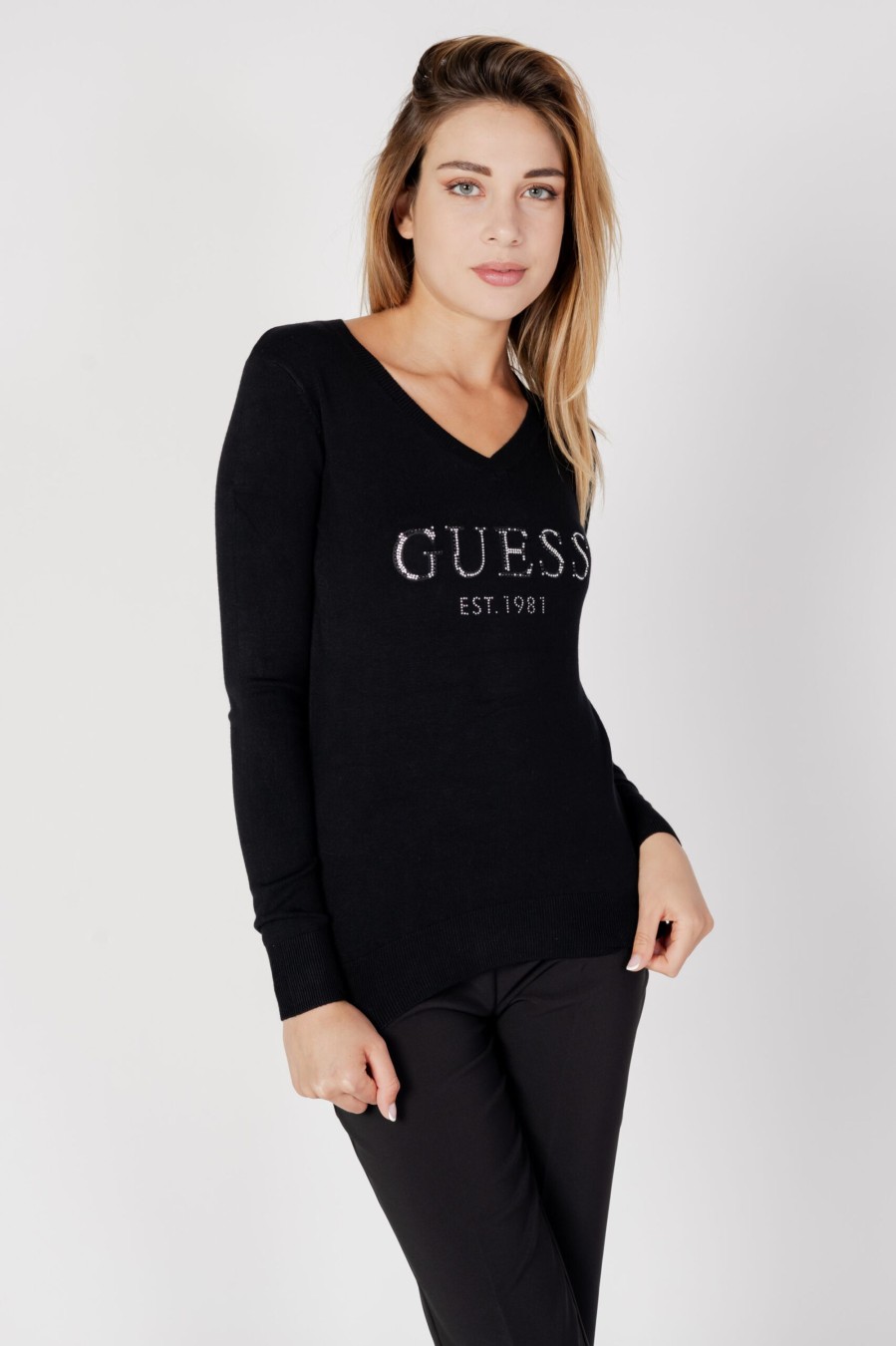 Donna Guess | Maglia Guess Ls Vn Jade Logo Nero