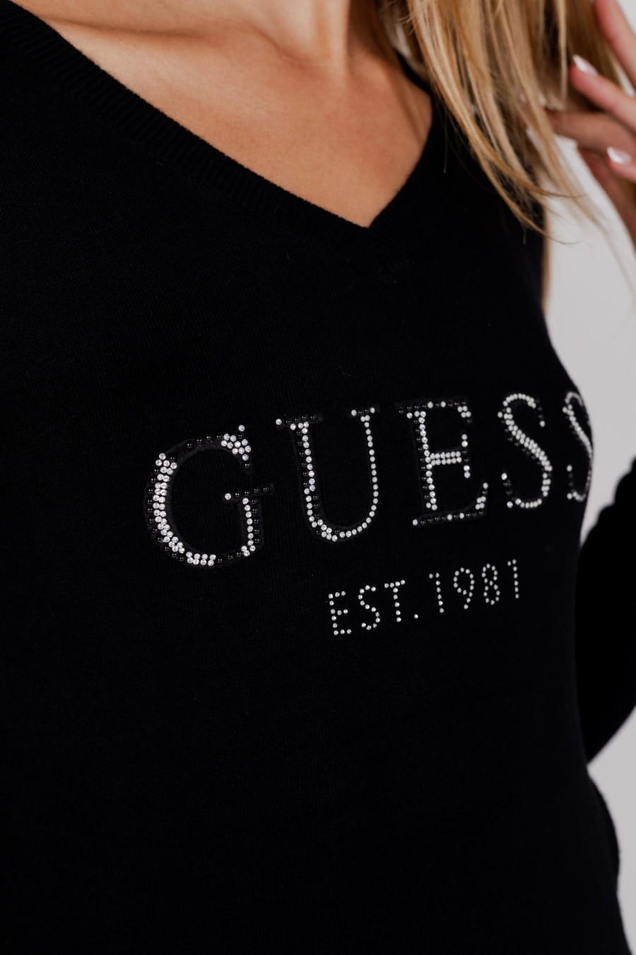 Donna Guess | Maglia Guess Ls Vn Jade Logo Nero