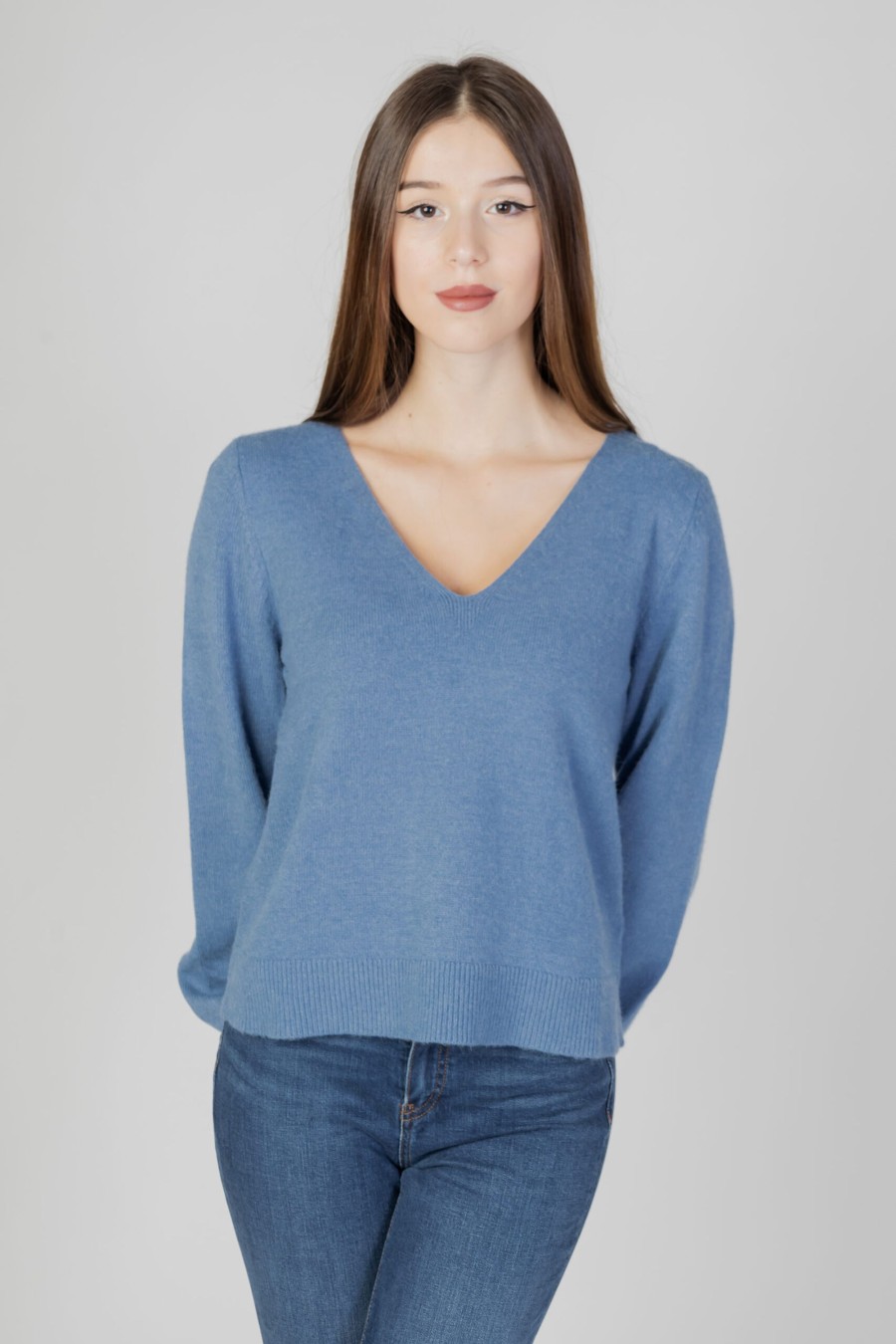 Donna Vila Clothes | Maglione Vila Clothes Viril Rev V-Neck L/S Knit Top - Noos Blu Chiaro