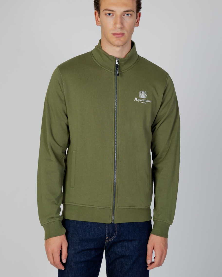 Uomo Aquascutum | Felpa Senza Cappuccio Aquascutum Active Small Logo Full Zip Mock Neck Fleece Verde Oliva