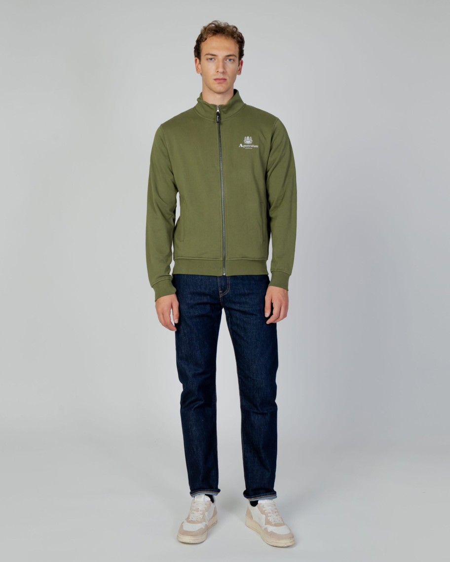 Uomo Aquascutum | Felpa Senza Cappuccio Aquascutum Active Small Logo Full Zip Mock Neck Fleece Verde Oliva