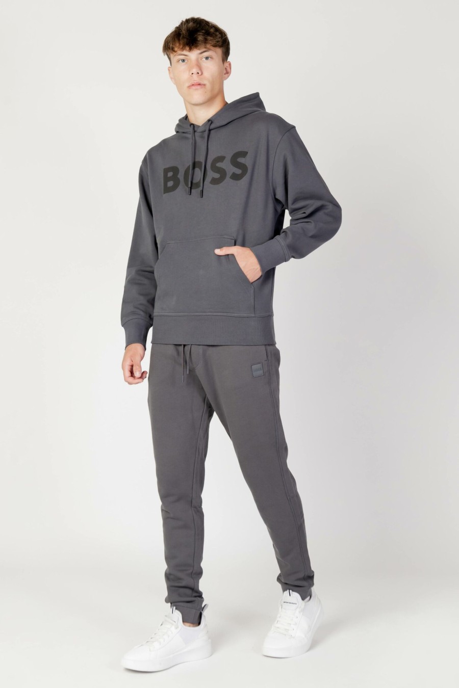 Uomo Boss | Felpa Con Cappuccio Boss Webasichood Grigio Scuro