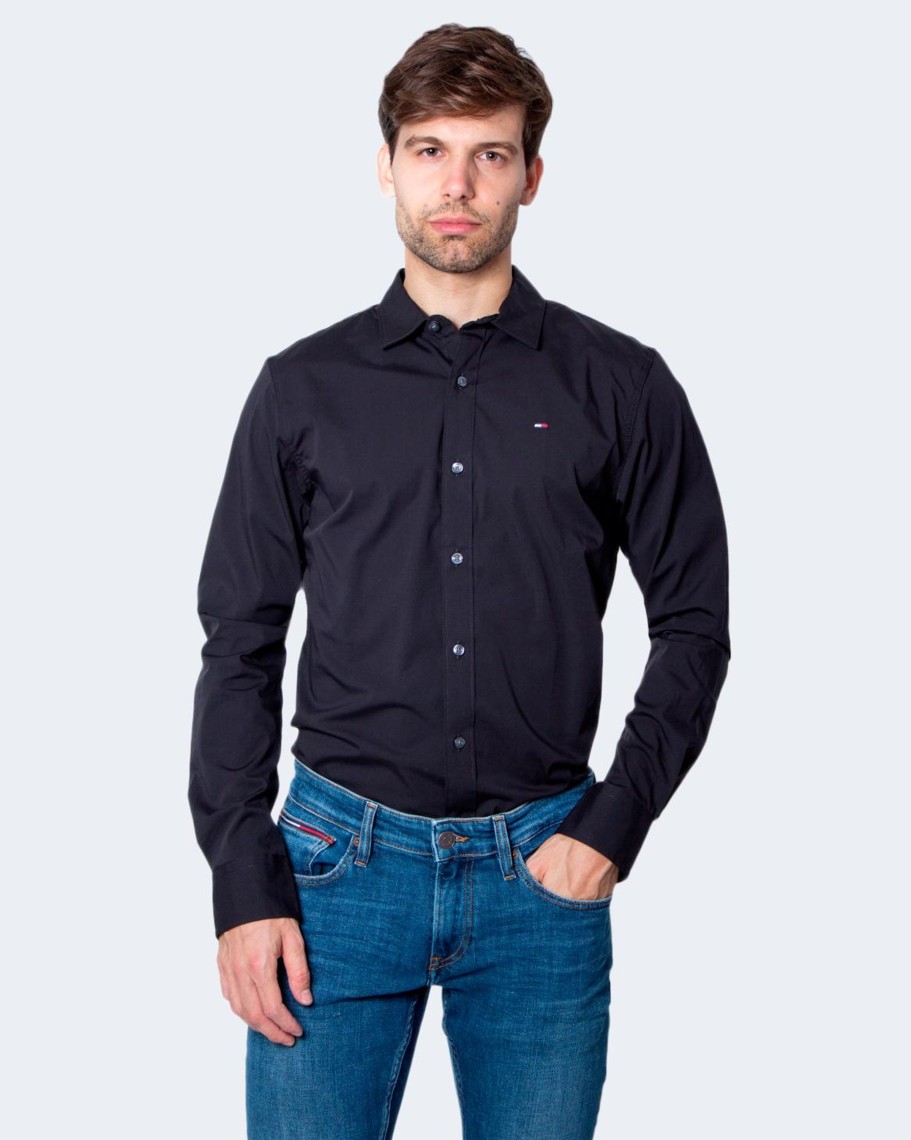 Uomo Tommy Hilfiger | Camicia Manica Lunga Tommy Hilfiger Original Stretch Nero