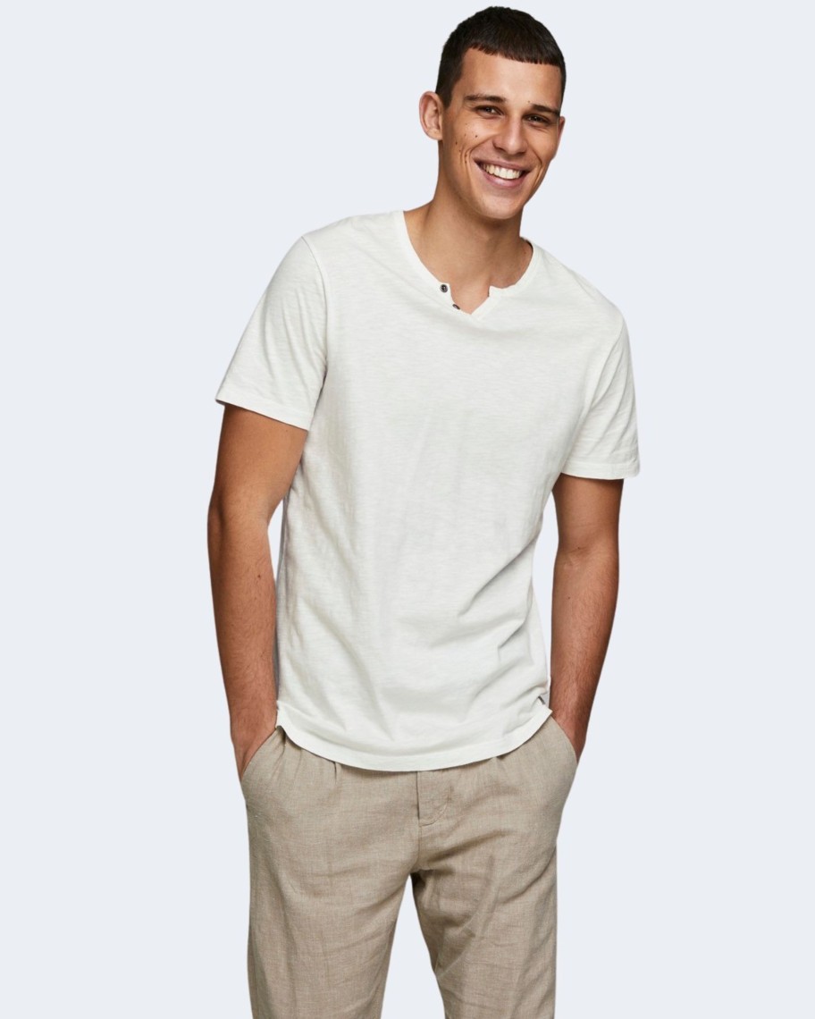 Uomo Jack Jones | T-Shirt Jack Jones Esplit Neck Tee Ss Noos Panna