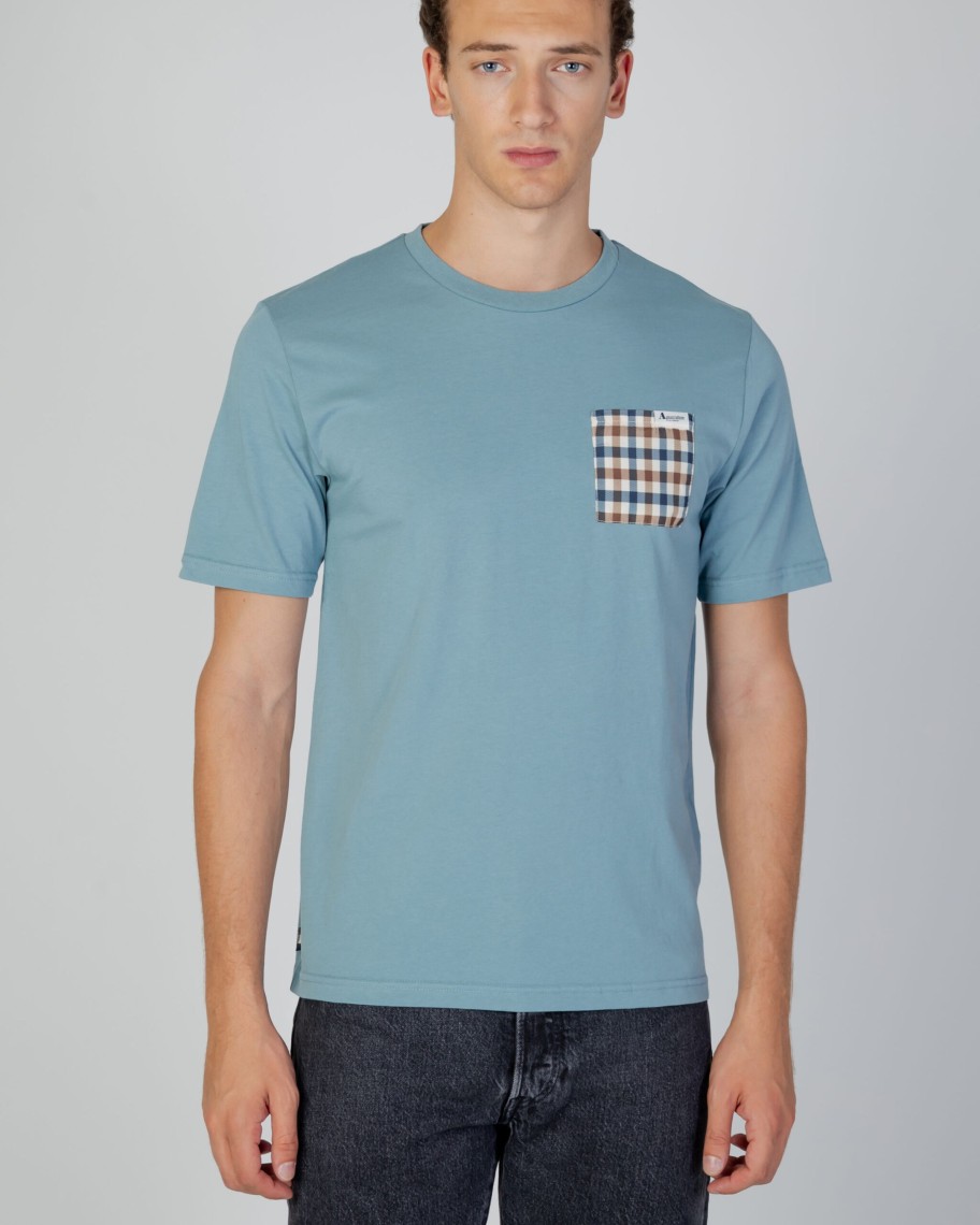 Uomo Aquascutum | T-Shirt Aquascutum Active Check Pocket Celeste