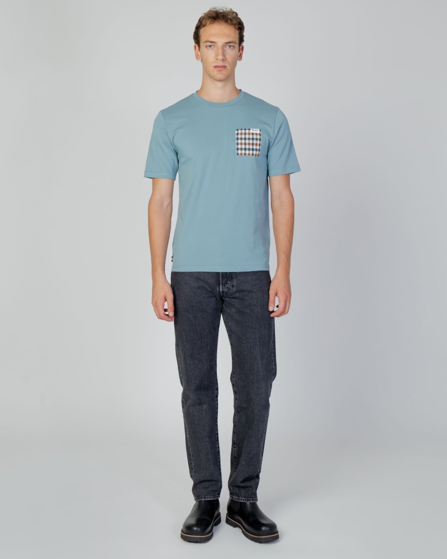 Uomo Aquascutum | T-Shirt Aquascutum Active Check Pocket Celeste