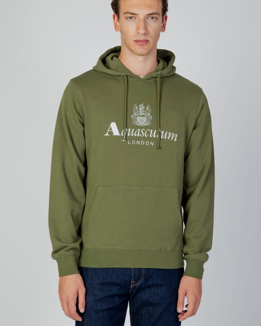 Uomo Aquascutum | Felpa Con Cappuccio Aquascutum Active Big Logo Hoodie Fleece Verde Oliva