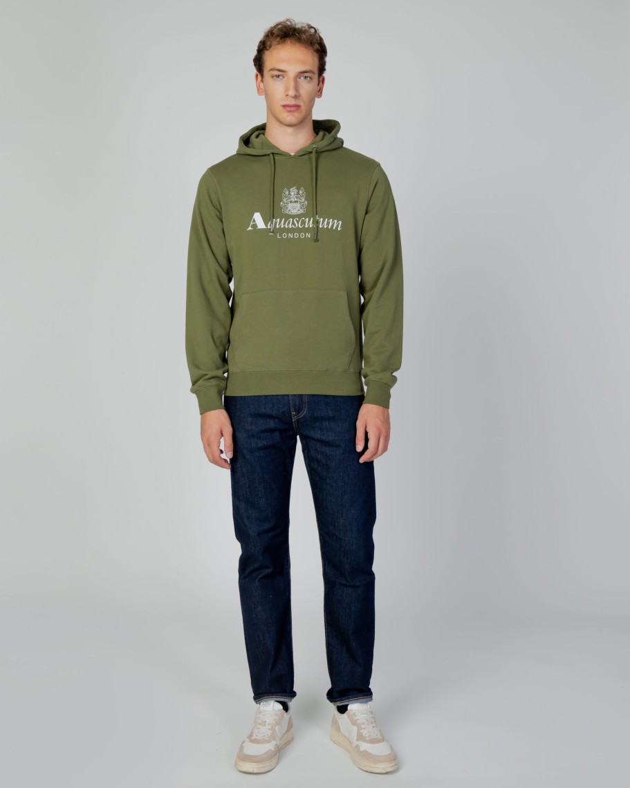 Uomo Aquascutum | Felpa Con Cappuccio Aquascutum Active Big Logo Hoodie Fleece Verde Oliva