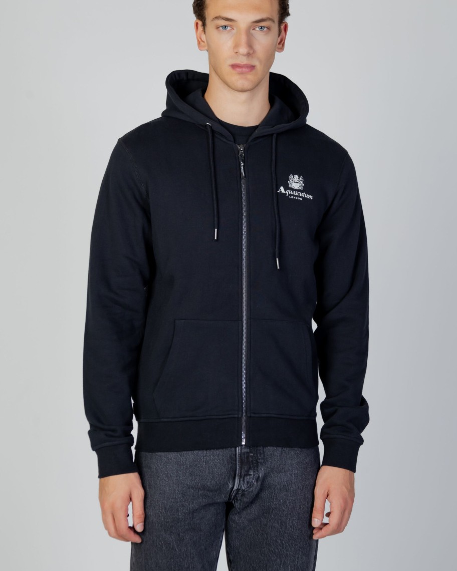 Uomo Aquascutum | Felpa Con Cappuccio Aquascutum Active Small Logo Full Zip Hoodie Fleece Nero