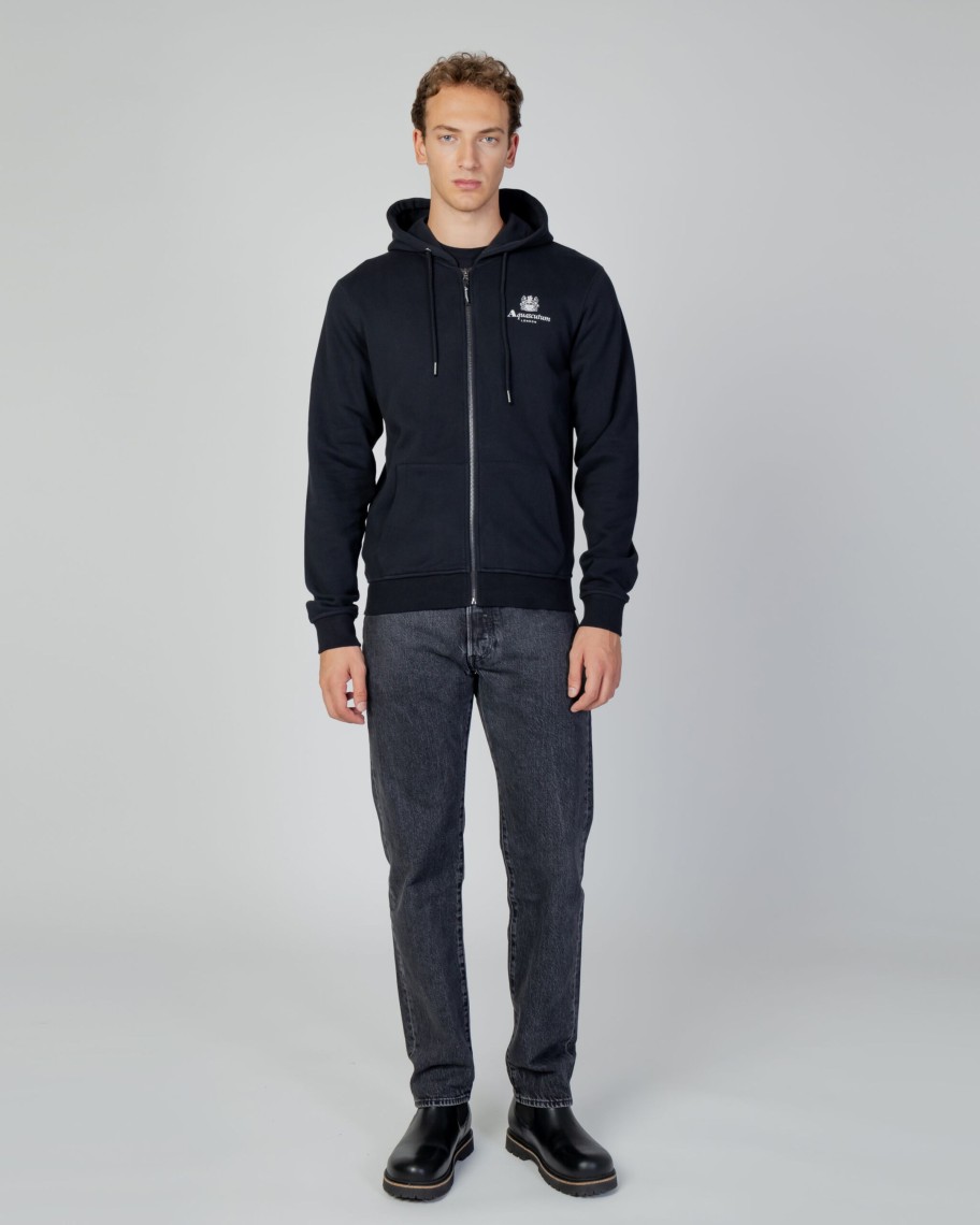 Uomo Aquascutum | Felpa Con Cappuccio Aquascutum Active Small Logo Full Zip Hoodie Fleece Nero