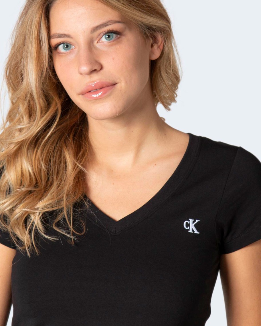 Donna Calvin Klein | T-Shirt Calvin Klein Embroidery Stretch V-Neck Nero