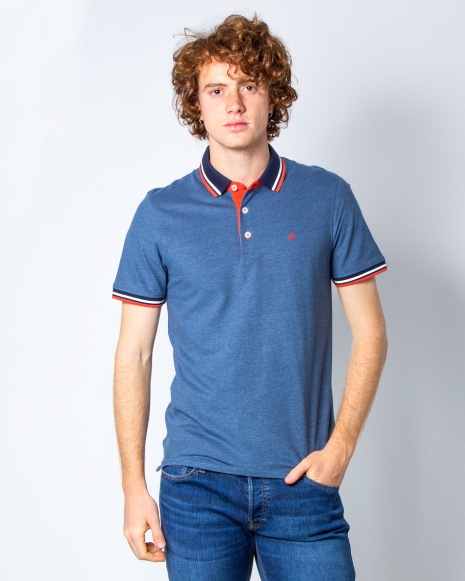 Uomo Jack Jones | Polo Manica Corta Jack Jones Jjepaulos Ss Noos Blue Denim