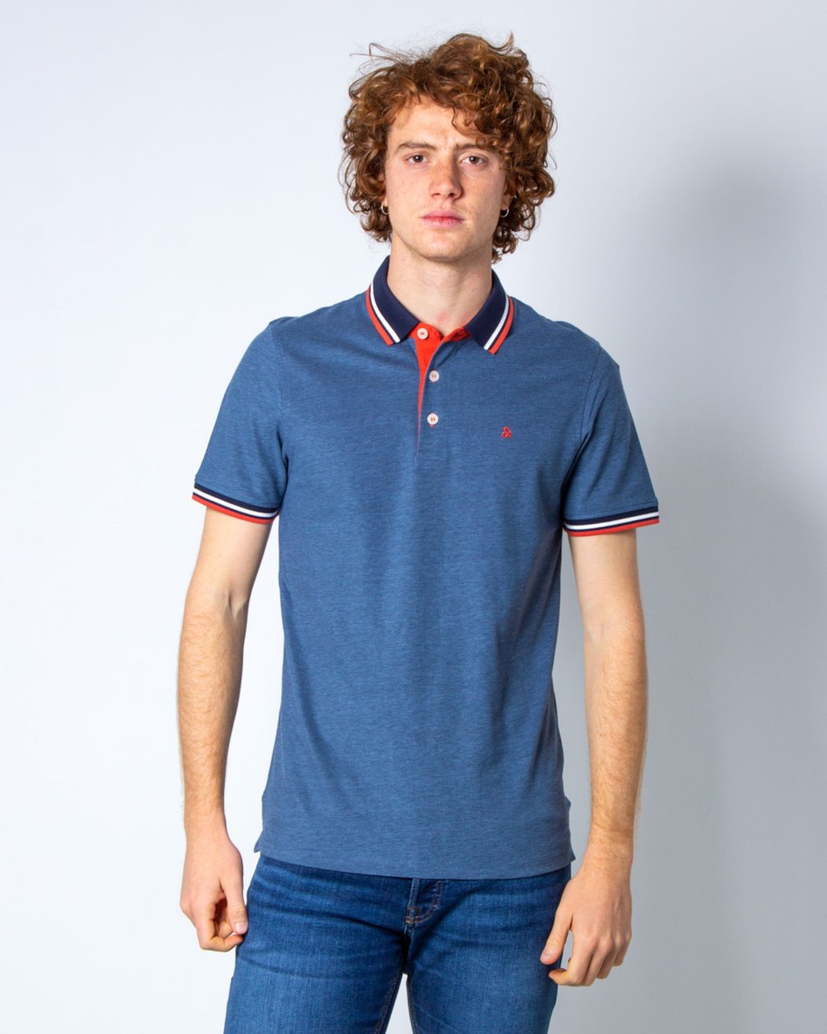 Uomo Jack Jones | Polo Manica Corta Jack Jones Jjepaulos Ss Noos Blue Denim