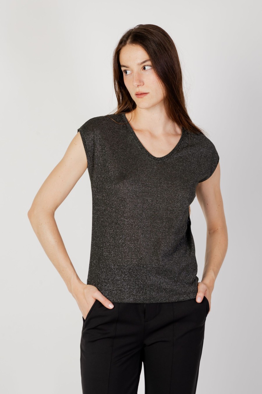 Donna Only | T-Shirt Only Silvery Neck Lurex Jrs Noos Antracite