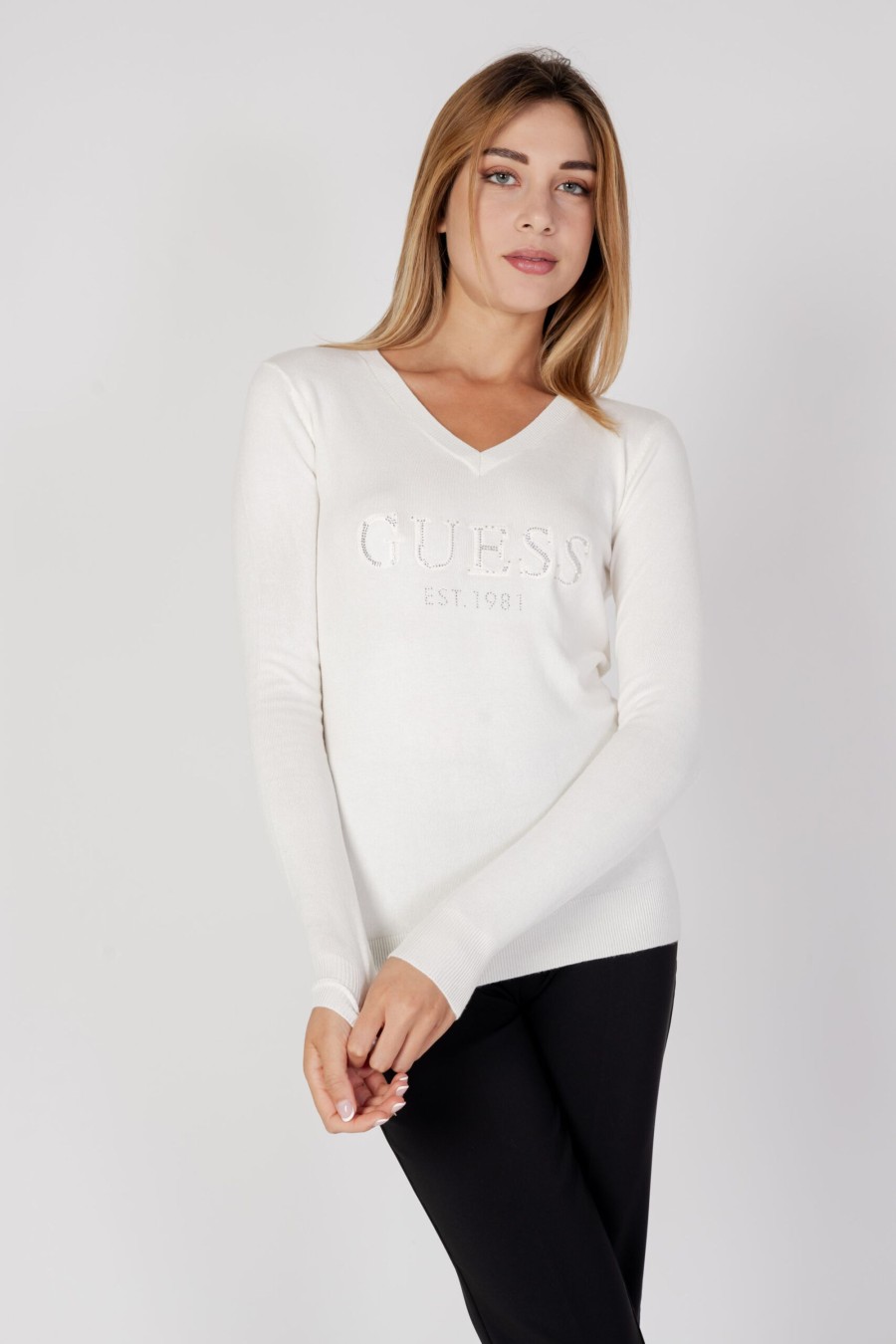 Donna Guess | Maglia Guess Ls Vn Jade Logo Bianco