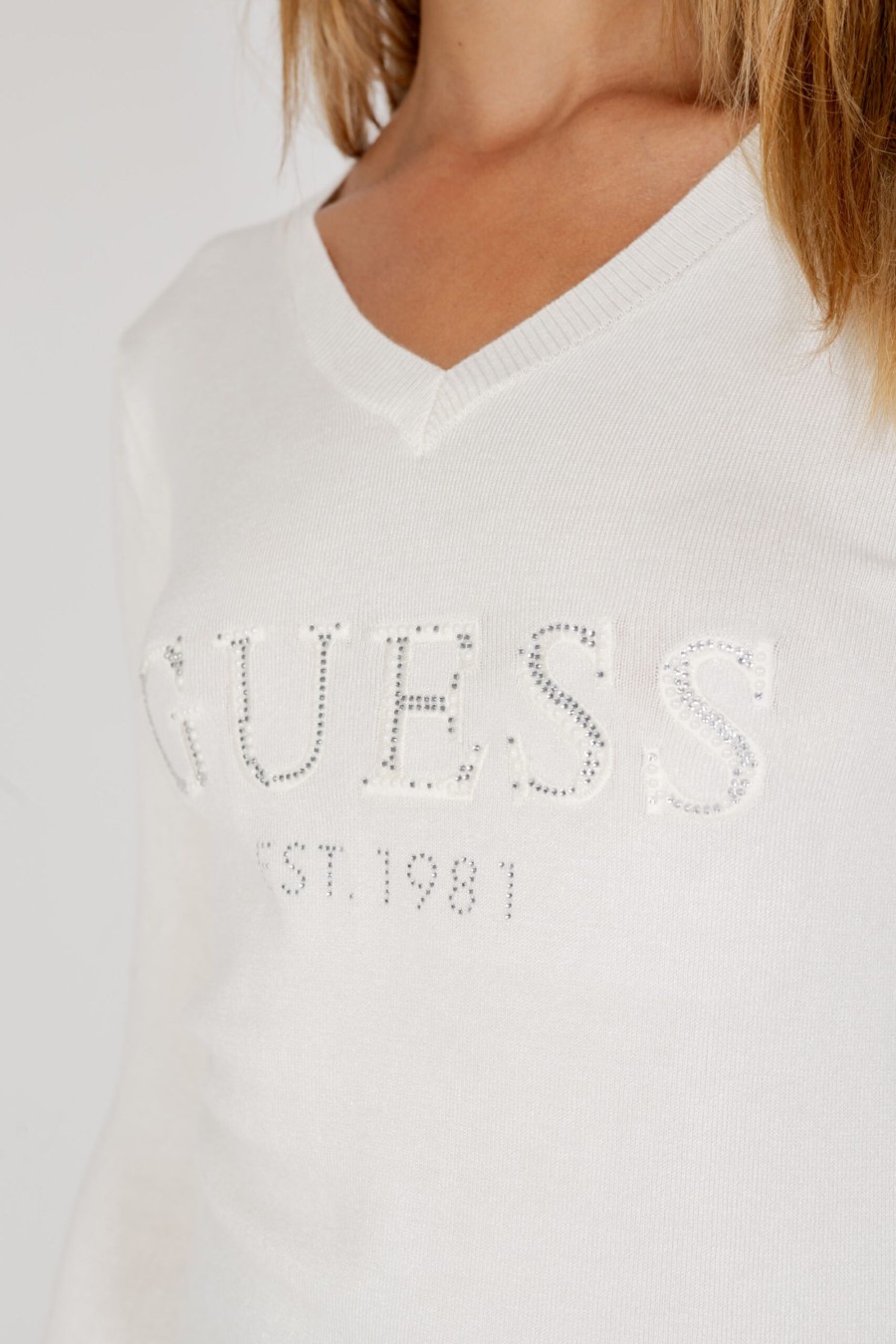 Donna Guess | Maglia Guess Ls Vn Jade Logo Bianco