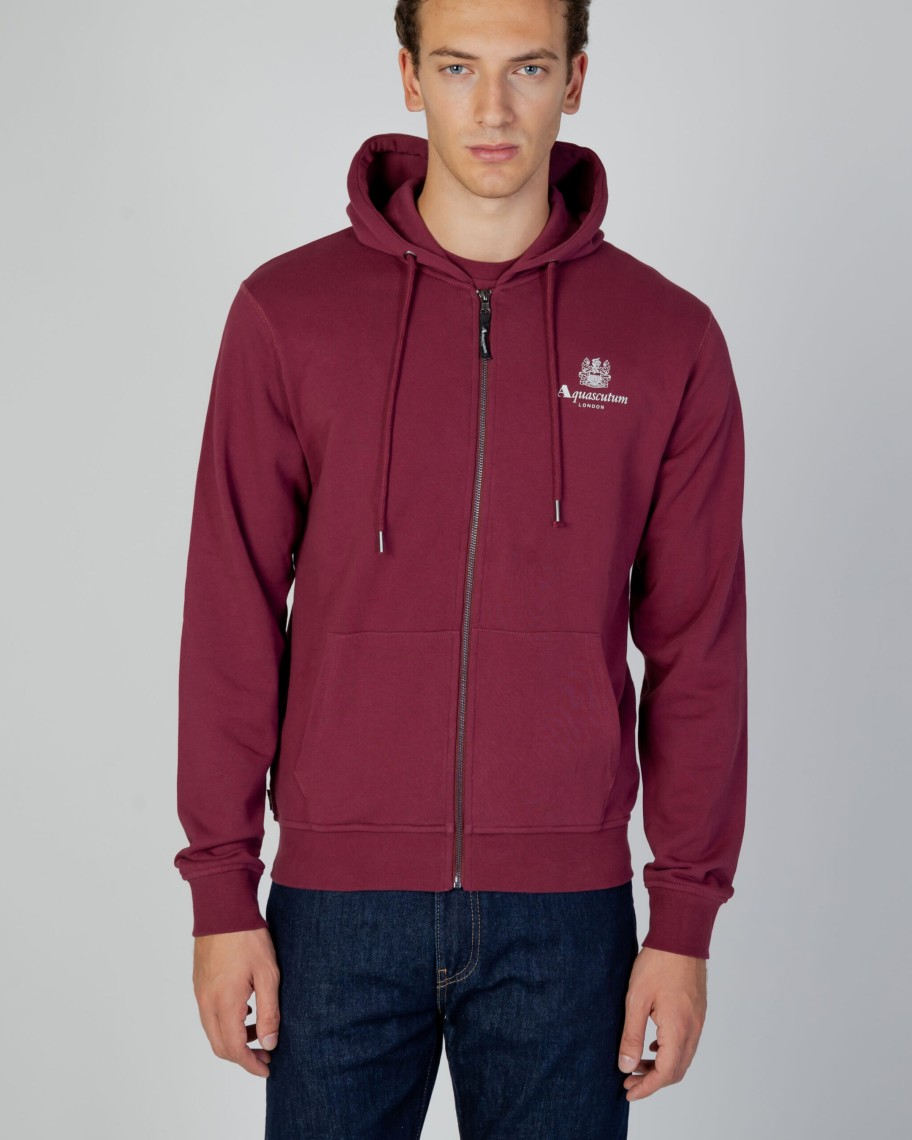 Uomo Aquascutum | Felpa Con Cappuccio Aquascutum Active Small Logo Full Zip Hoodie Fleece Bordeaux