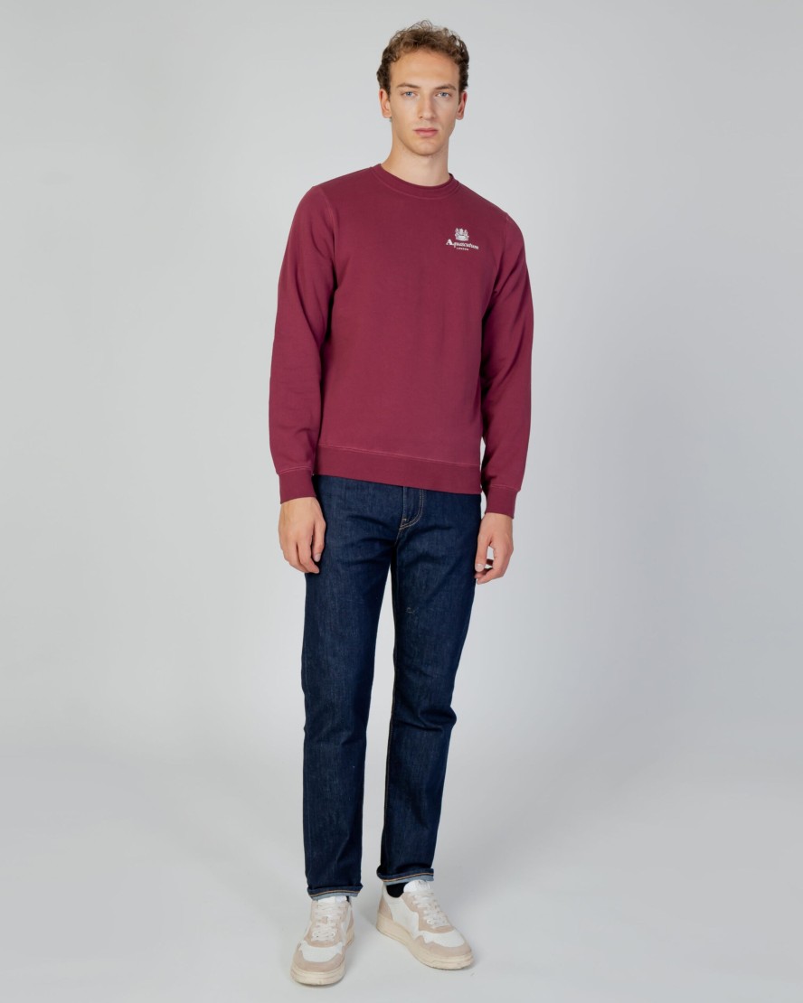 Uomo Aquascutum | Felpa Senza Cappuccio Aquascutum Active Small Logo Crew Neck Fleece Bordeaux