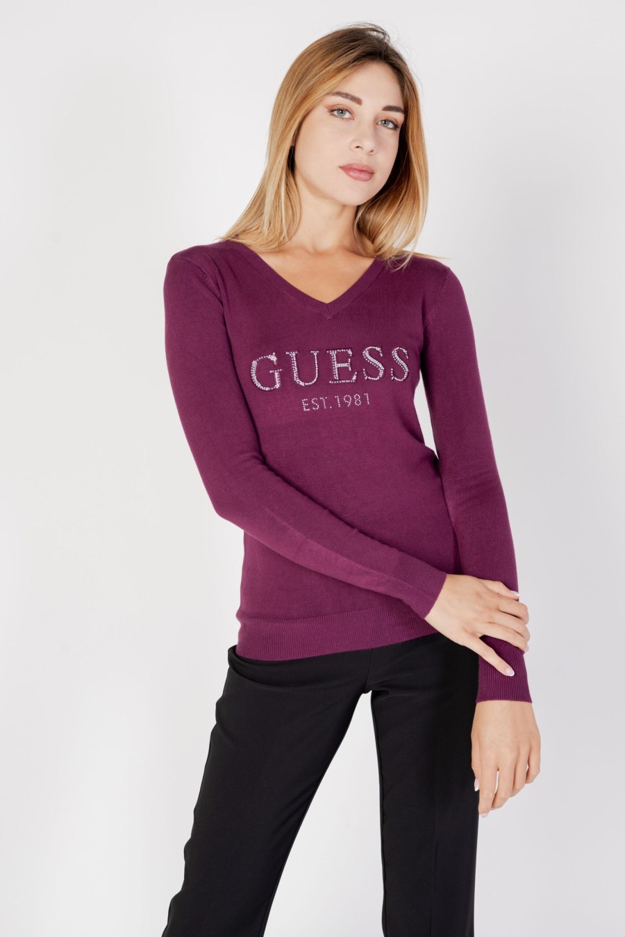 Donna Guess | Maglia Guess Ls Vn Jade Logo Vinaccia