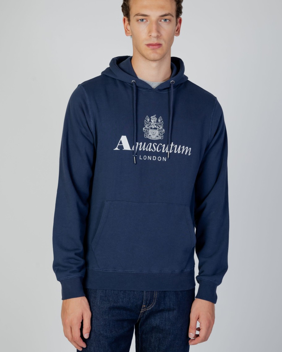 Uomo Aquascutum | Felpa Con Cappuccio Aquascutum Active Big Logo Hoodie Fleece Blu