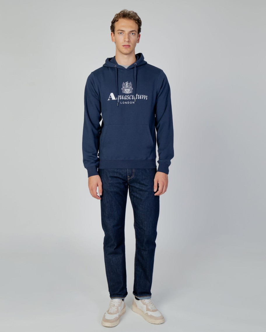 Uomo Aquascutum | Felpa Con Cappuccio Aquascutum Active Big Logo Hoodie Fleece Blu