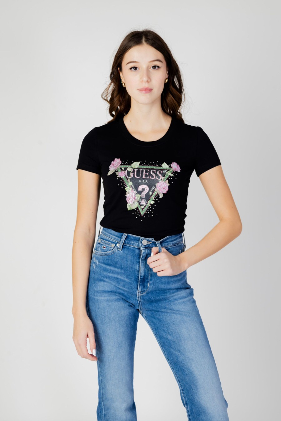 Donna Guess | T-Shirt Guess Ss Rn Floral Triangle Nero