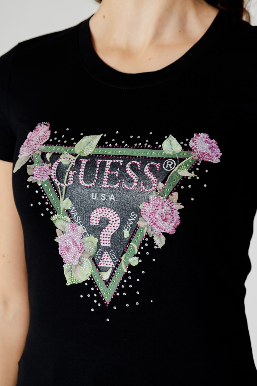 Donna Guess | T-Shirt Guess Ss Rn Floral Triangle Nero