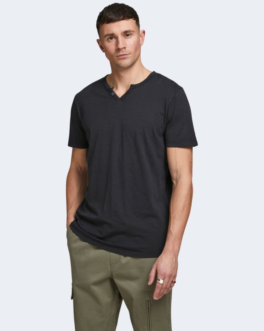 Uomo Jack Jones | T-Shirt Jack Jones Esplit Neck Tee Ss Noos Nero