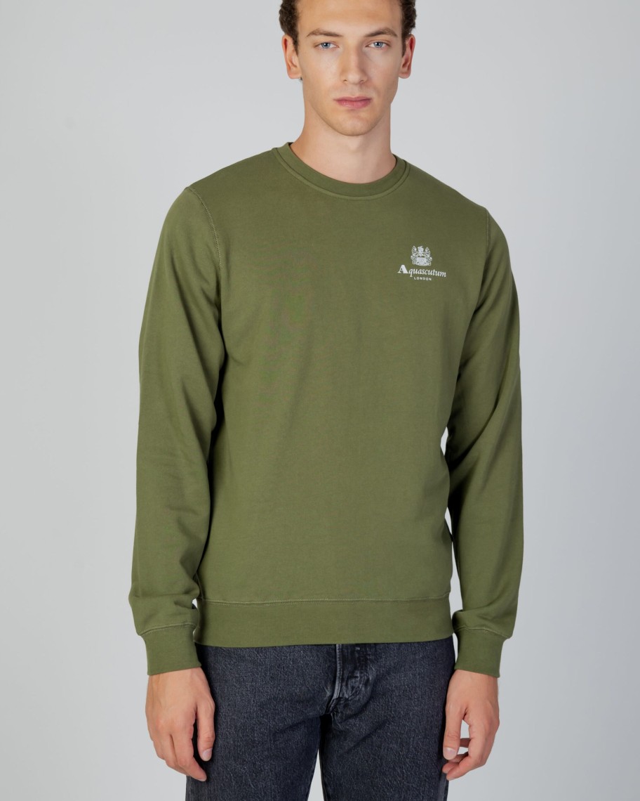 Uomo Aquascutum | Felpa Senza Cappuccio Aquascutum Active Small Logo Crew Neck Fleece Verde Oliva