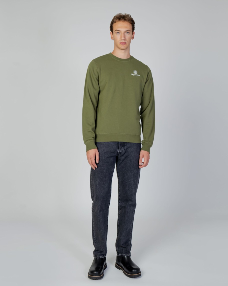 Uomo Aquascutum | Felpa Senza Cappuccio Aquascutum Active Small Logo Crew Neck Fleece Verde Oliva