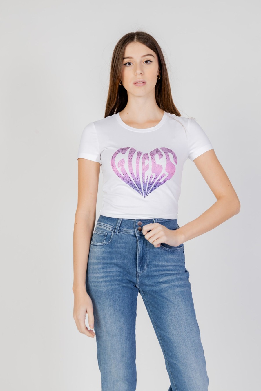 Donna Guess | T-Shirt Guess Ss Cn Heart Bianco