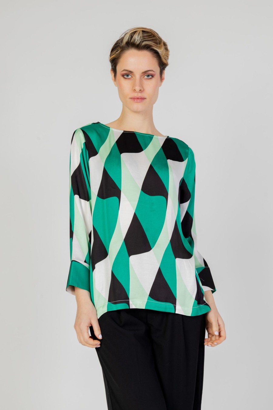 Donna Street One | Bluse Manica Lunga Street One Basic Satinblouse W Round Neck Verde