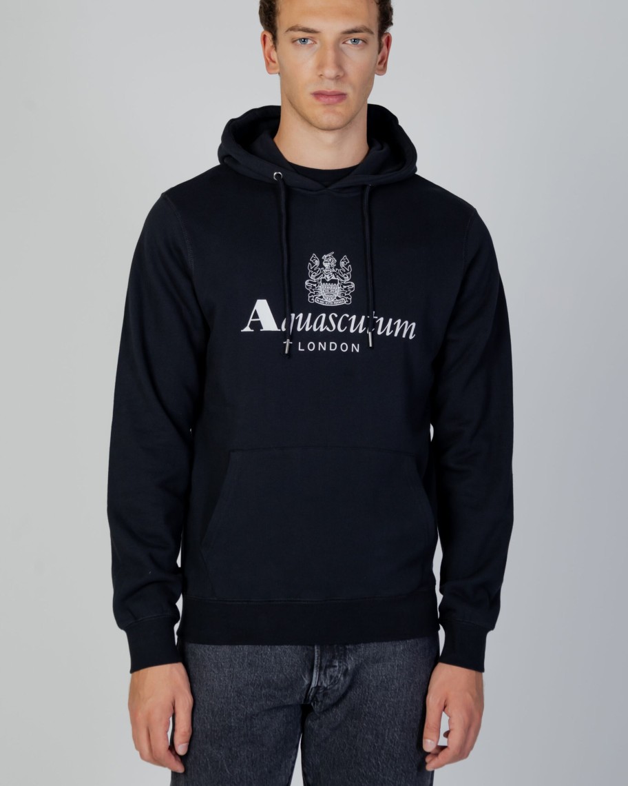 Uomo Aquascutum | Felpa Con Cappuccio Aquascutum Active Big Logo Hoodie Fleece Nero