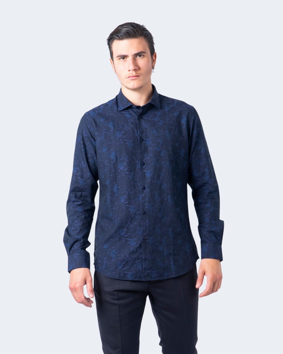 Uomo Idra | Camicia Manica Lunga Idra Tessuto Damascato Blu