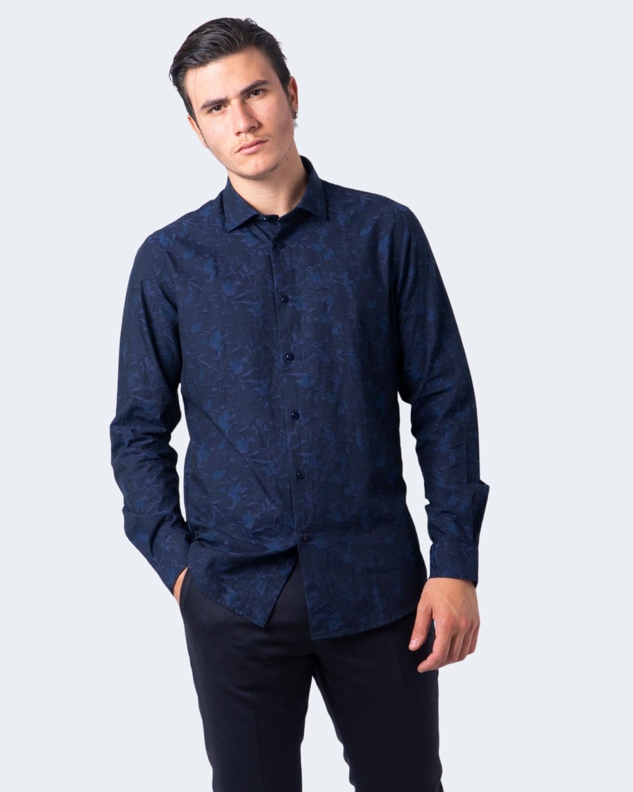 Uomo Idra | Camicia Manica Lunga Idra Tessuto Damascato Blu