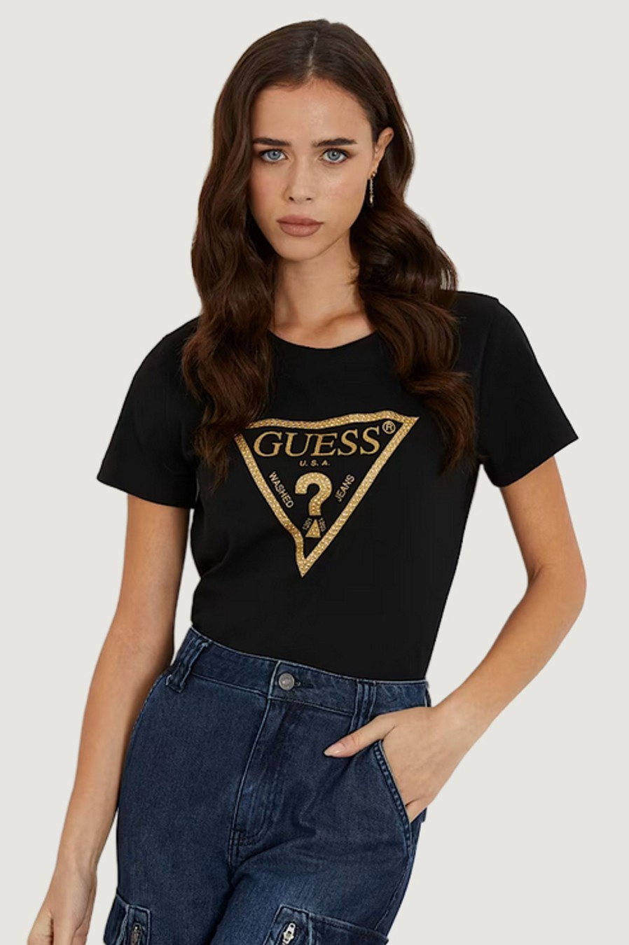 Donna Guess | T-Shirt Guess Ss Cn Gold Triangle Nero