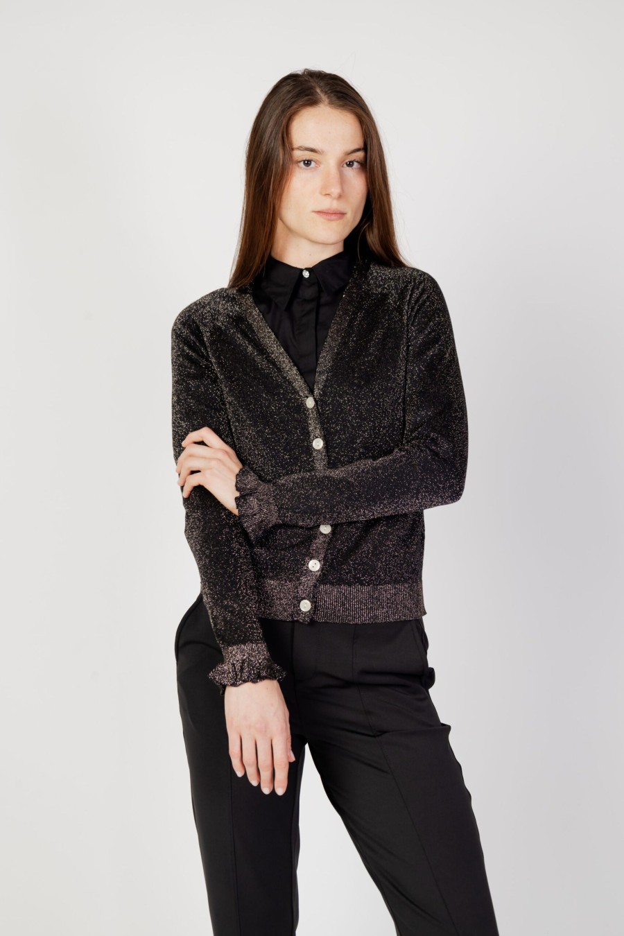 Donna Vila Clothes | Cardigan Vila Clothes Vianta Rev Frill Glitter Knit Cardigan Nero