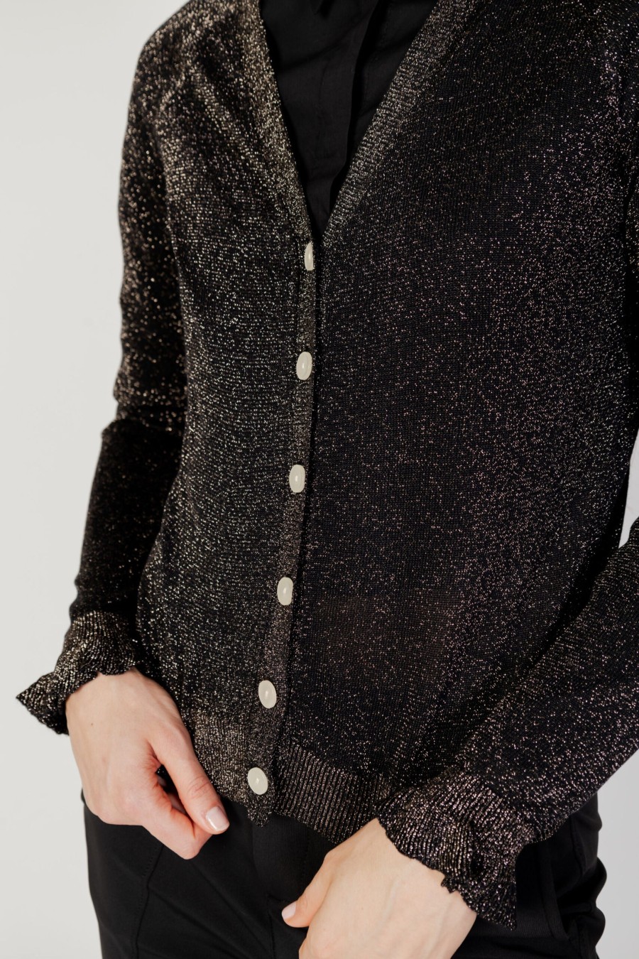 Donna Vila Clothes | Cardigan Vila Clothes Vianta Rev Frill Glitter Knit Cardigan Nero