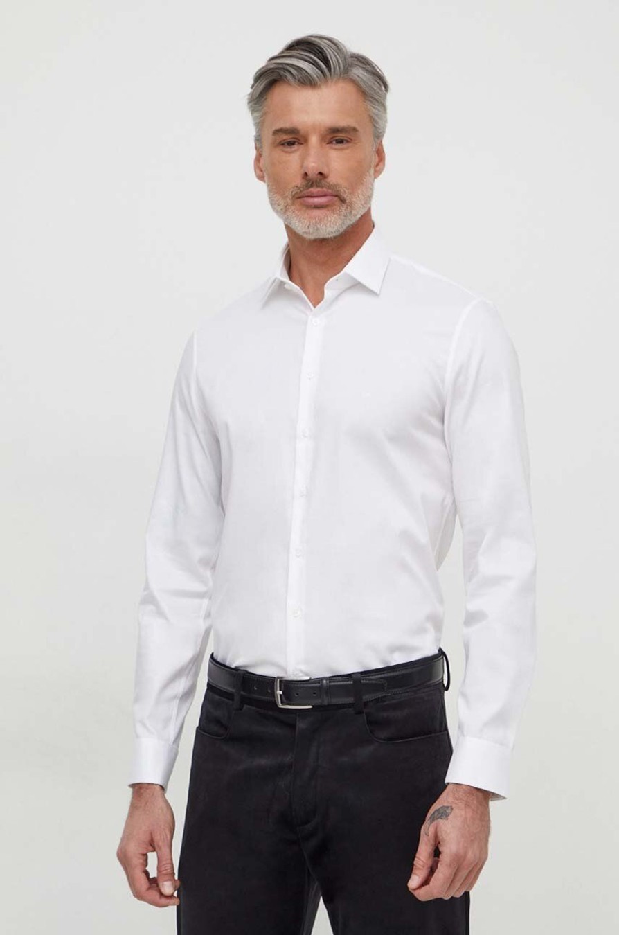 Uomo Calvin Klein | Camicia Manica Lunga Calvin Klein Stretch Collar 2Colo Bianco